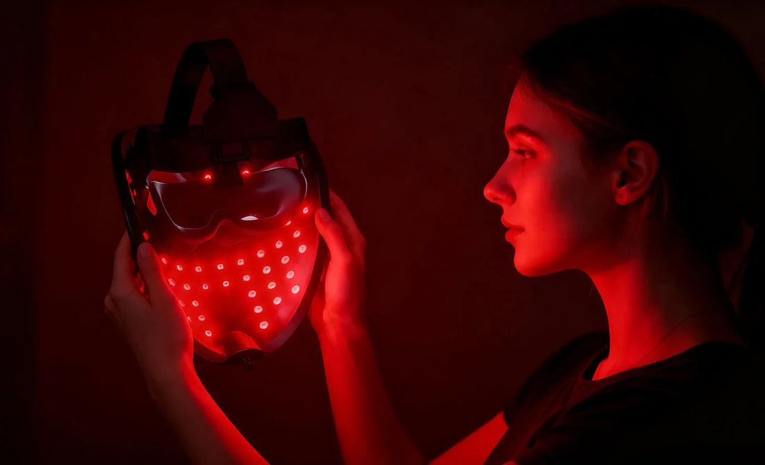 Woman holding red LED light therapy mask for at-home skincare and anti-aging treatment