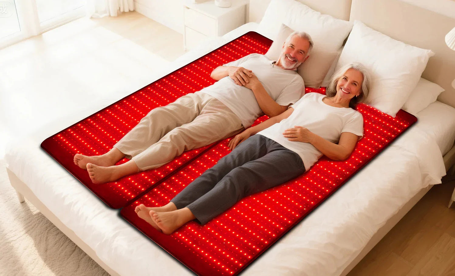 Couple relaxing on red LED light therapy mat for at-home skin and pain relief