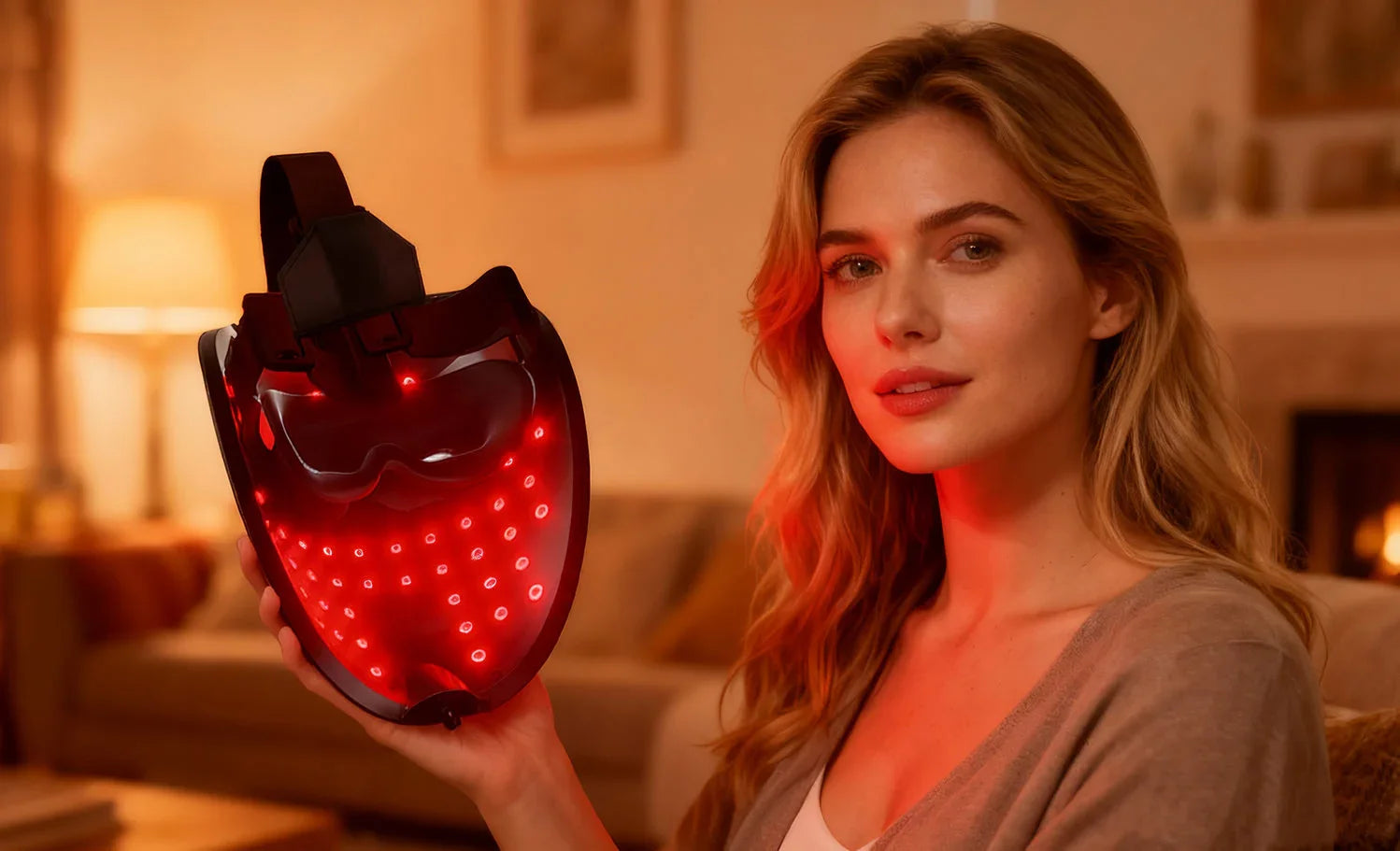 Woman holding red LED light therapy mask for at-home skincare, acne, and anti-aging treatment