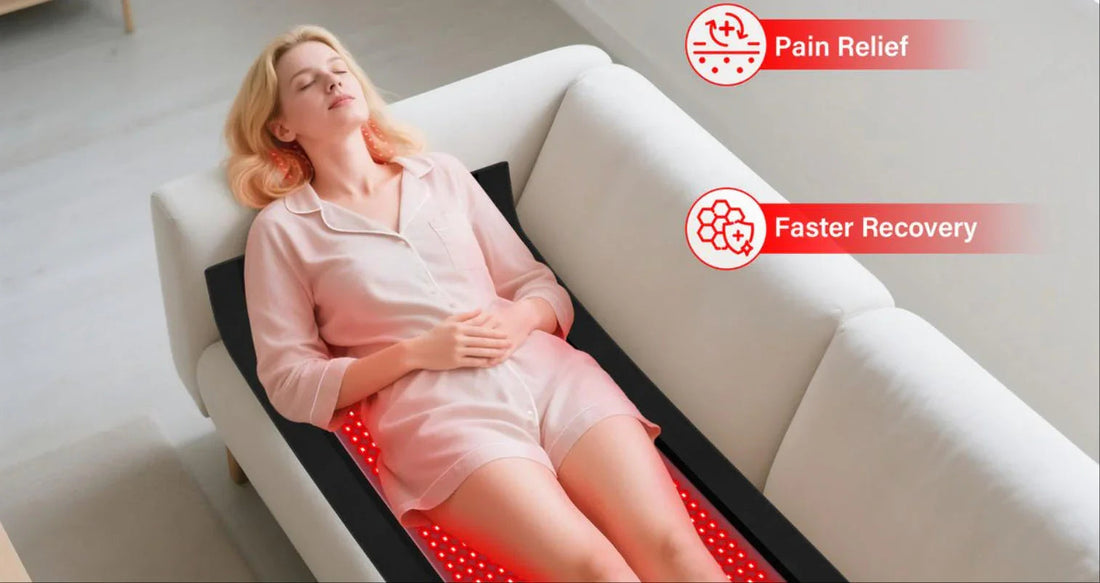 Woman relaxing on couch with red LED light therapy device for pain relief and faster recovery