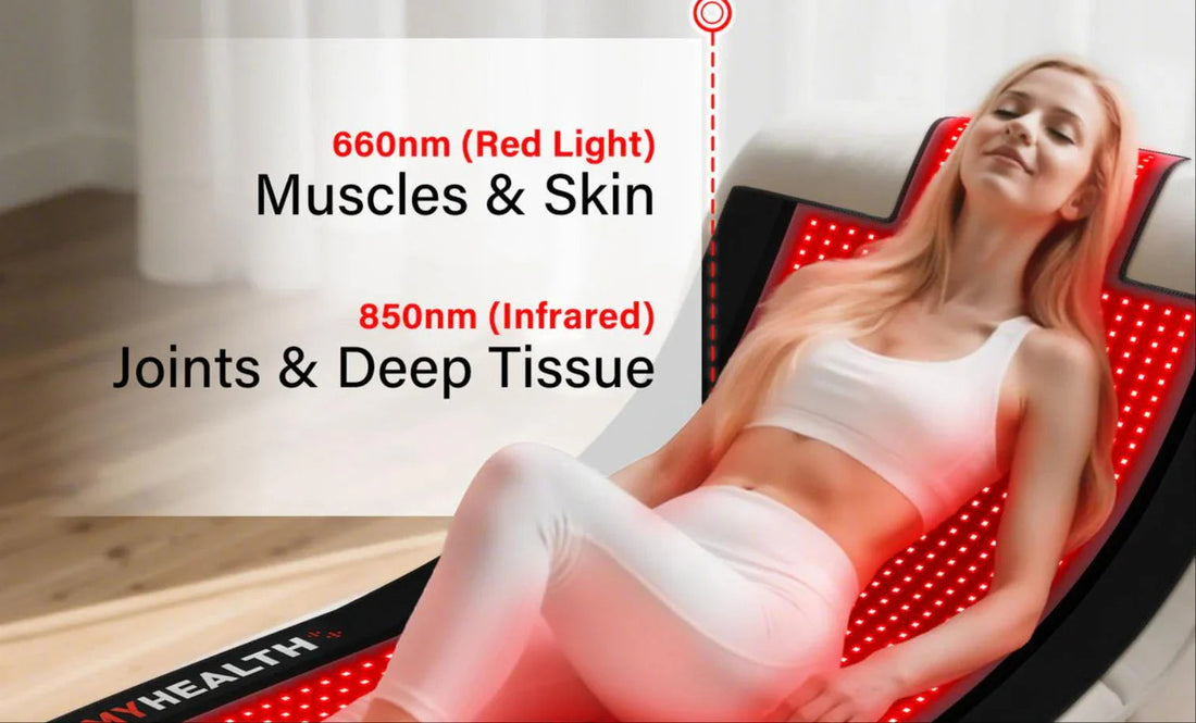 Woman relaxing on red light therapy bed for muscles, skin, joints & deep tissue treatment