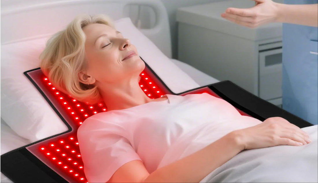 Woman relaxing with red LED light therapy pad for skin and pain relief