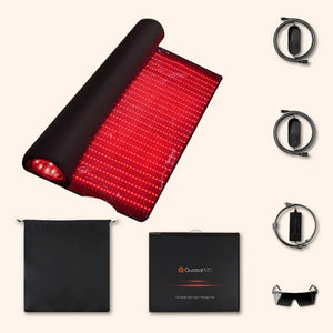 Red light therapy mat with LED panels, controller, power adapter, storage bag, and protective glasses for at-home use