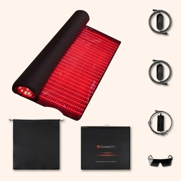 Red light therapy mat with LED panels, controller, power adapter, storage bag, and protective glasses for at-home use