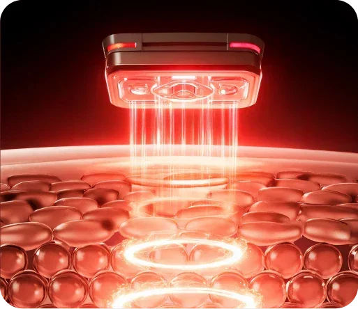 Red LED light therapy device emitting beams onto skin cells for acne and anti-aging treatment