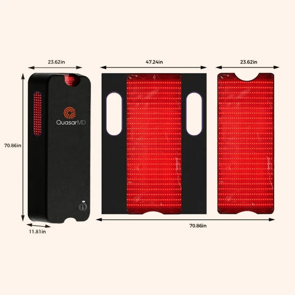 QuasarMD LED light therapy panel with red LEDs, shown with dimensions for home skin treatment